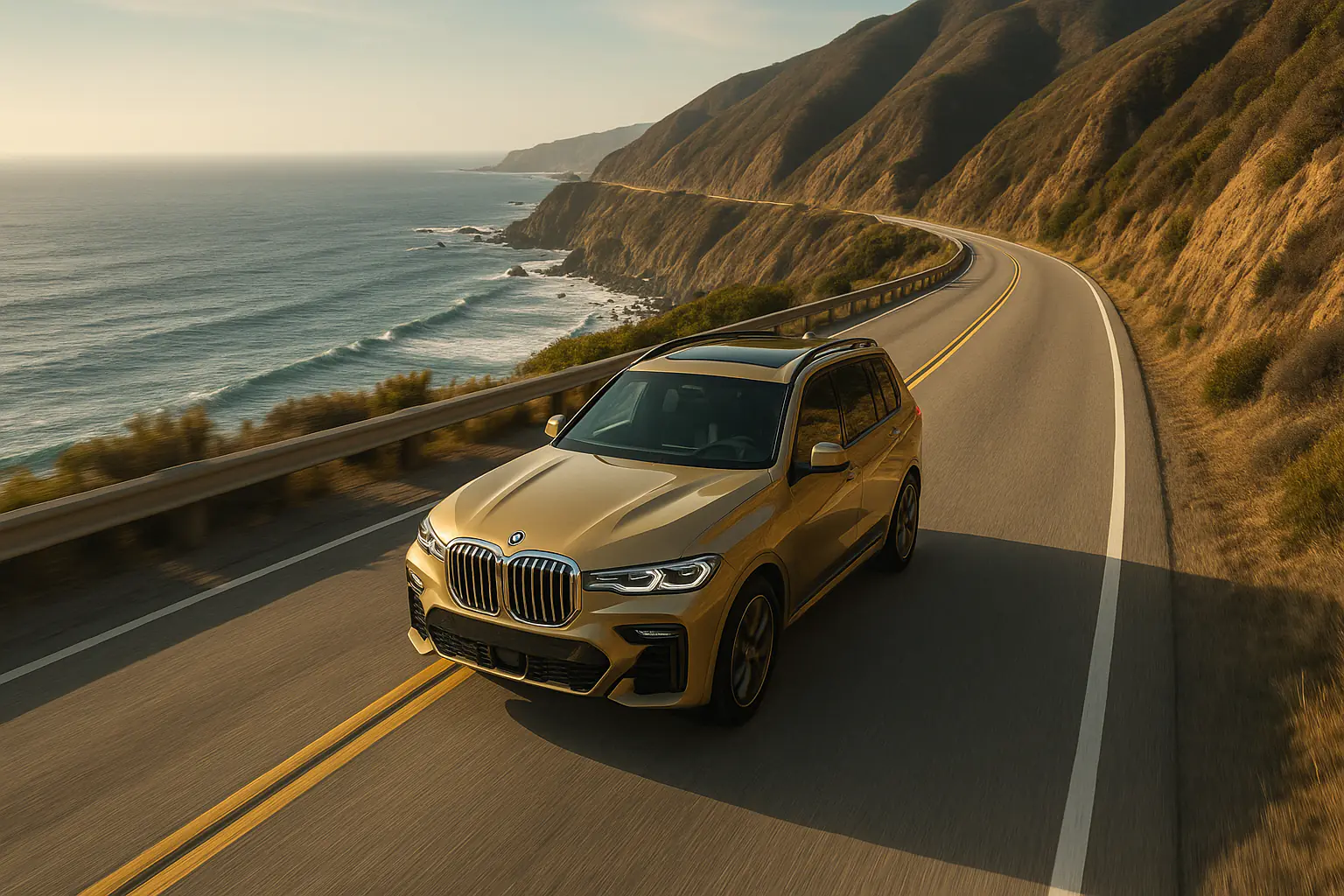 A gold BMW X7 driving a winding coastal highway between the hills and the sea at sunset