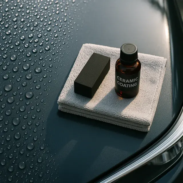 A bottle of ceramic coating with its applicator on a microfiber towel over a water-beaded hood