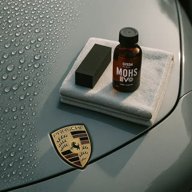 A bottle of ceramic coating and a foam applicator on a folded microfiber towel over a water-beaded silver Porsche hood