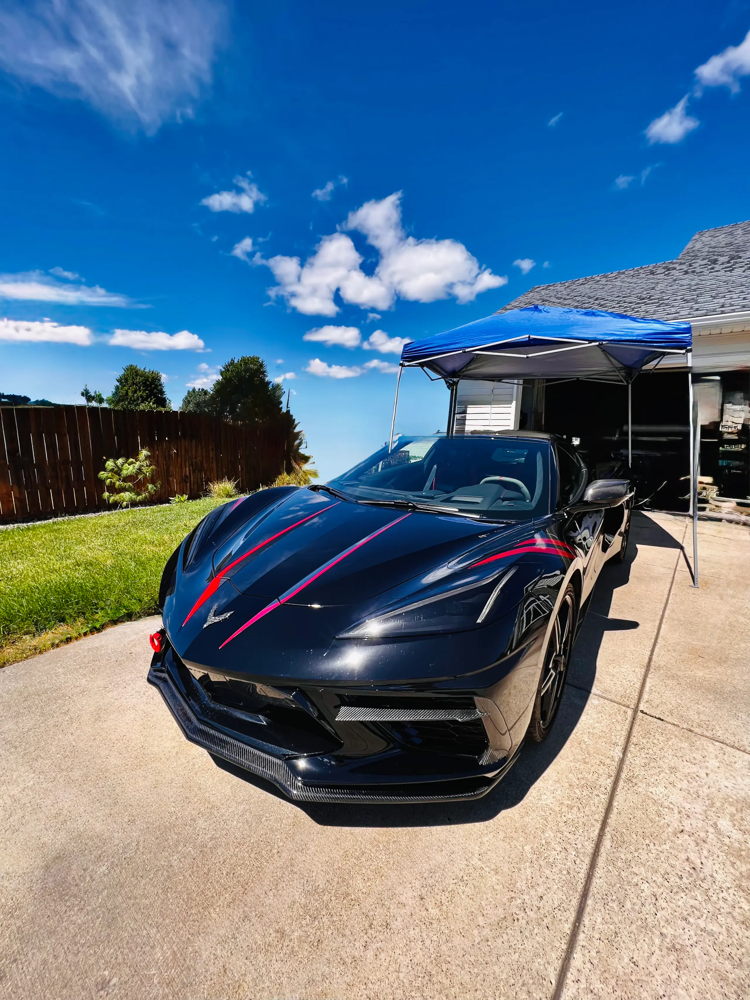 Black Chevrolet Corvette C8 with red stripes showing a deep gloss after polishing
