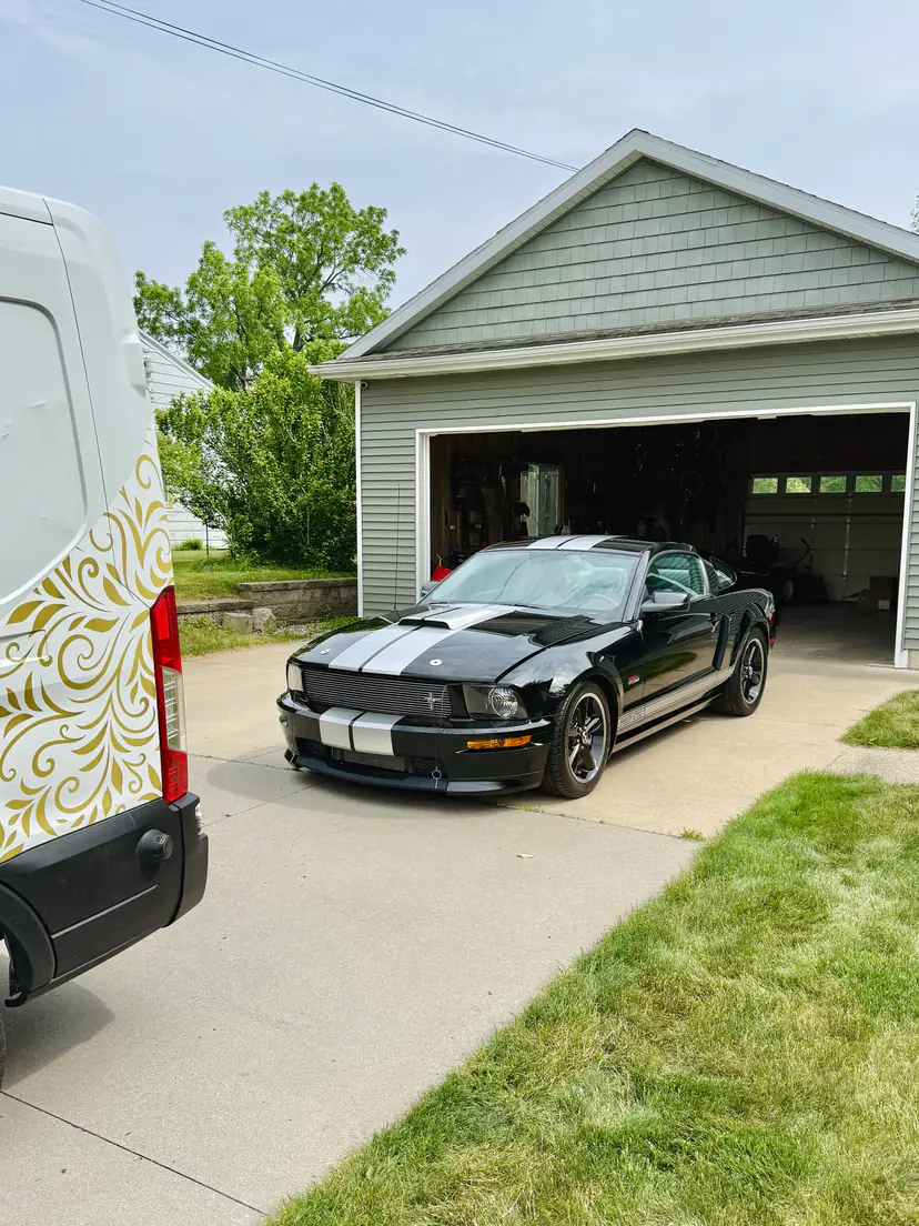 Black Ford Mustang Shelby GT with white stripes after a mobile detail in Wyoming, Michigan