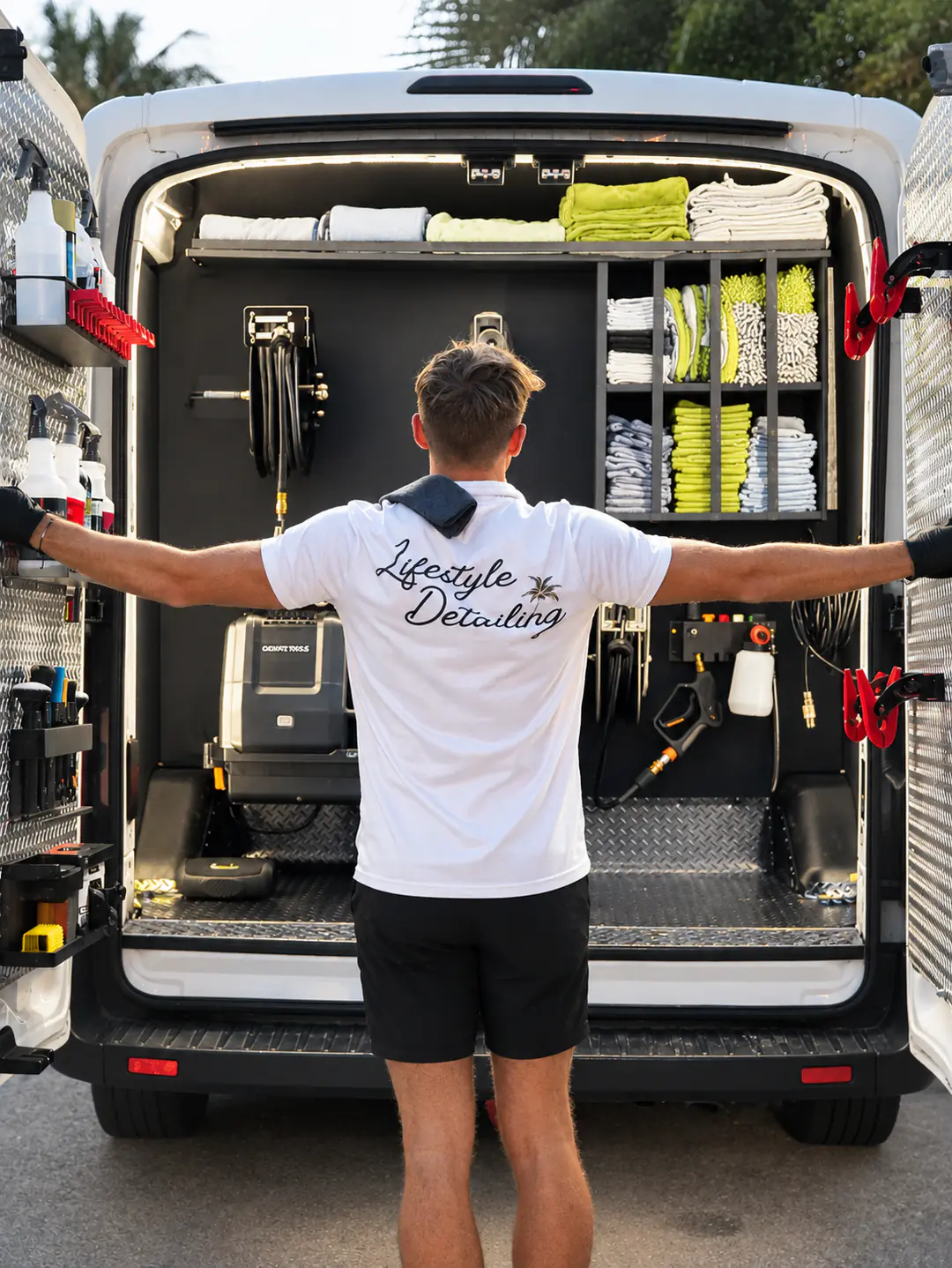 Chase Shooltz holding open the rear doors of the Lifestyle Detailing van to show its fully equipped mobile detailing setup