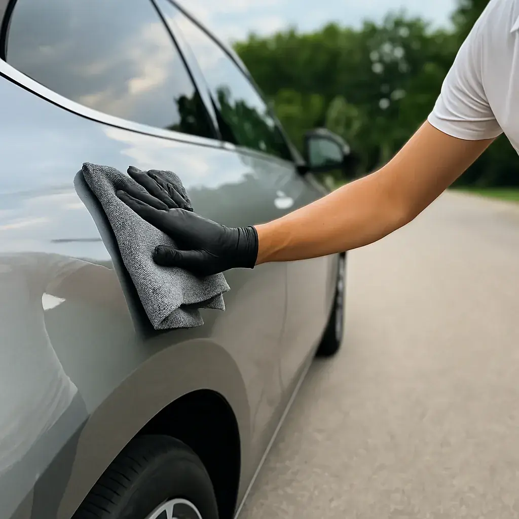 A gloved hand wiping a grey car's rear quarter panel with a microfiber towel during a Basic Detail