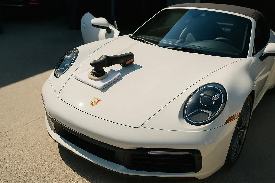 A polisher resting on the hood of a white Porsche 911 Cabriolet during a Deluxe Detail