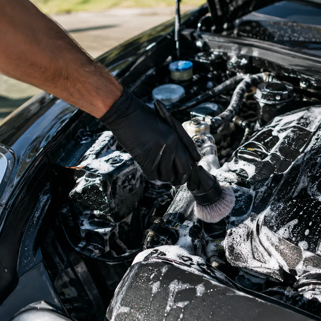 A foamed engine bay being brushed clean during an engine detail