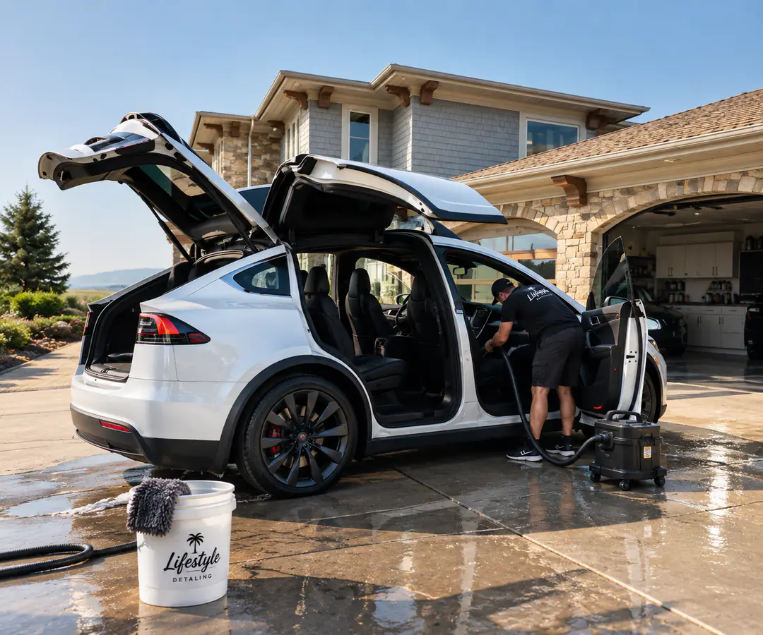 A detailer vacuuming a white Tesla Model X with its falcon-wing doors raised during a Full Detail in a sunny driveway