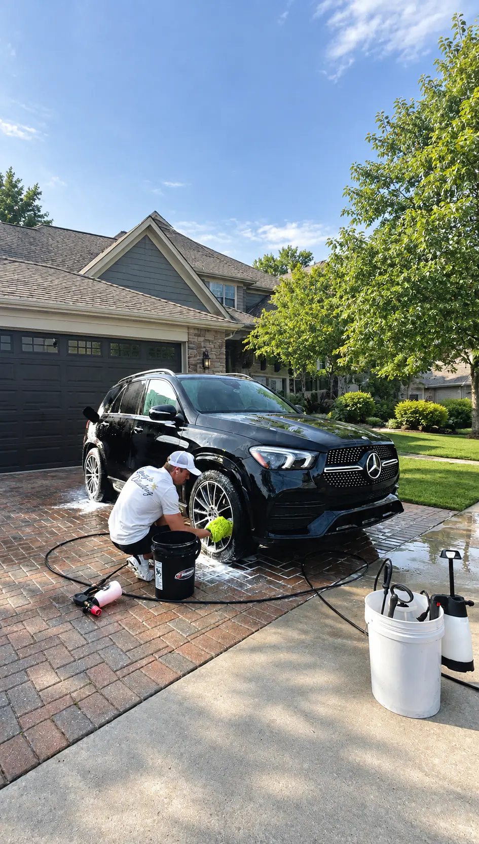 Brushing the wheels of a foamed black Mercedes GLE during a mobile hand wash in a home driveway