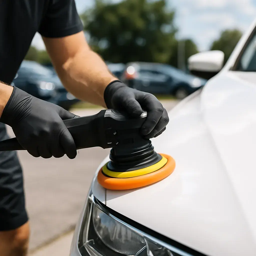 A dual-action polisher with an orange pad enhancing the paint on a white car's front fender
