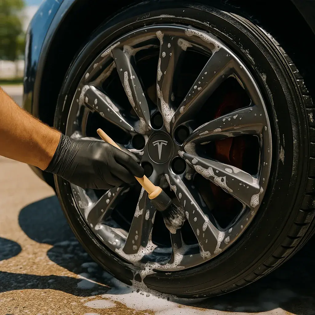 A gloved hand brushing a soapy alloy wheel clean during a Signature Exterior Detail
